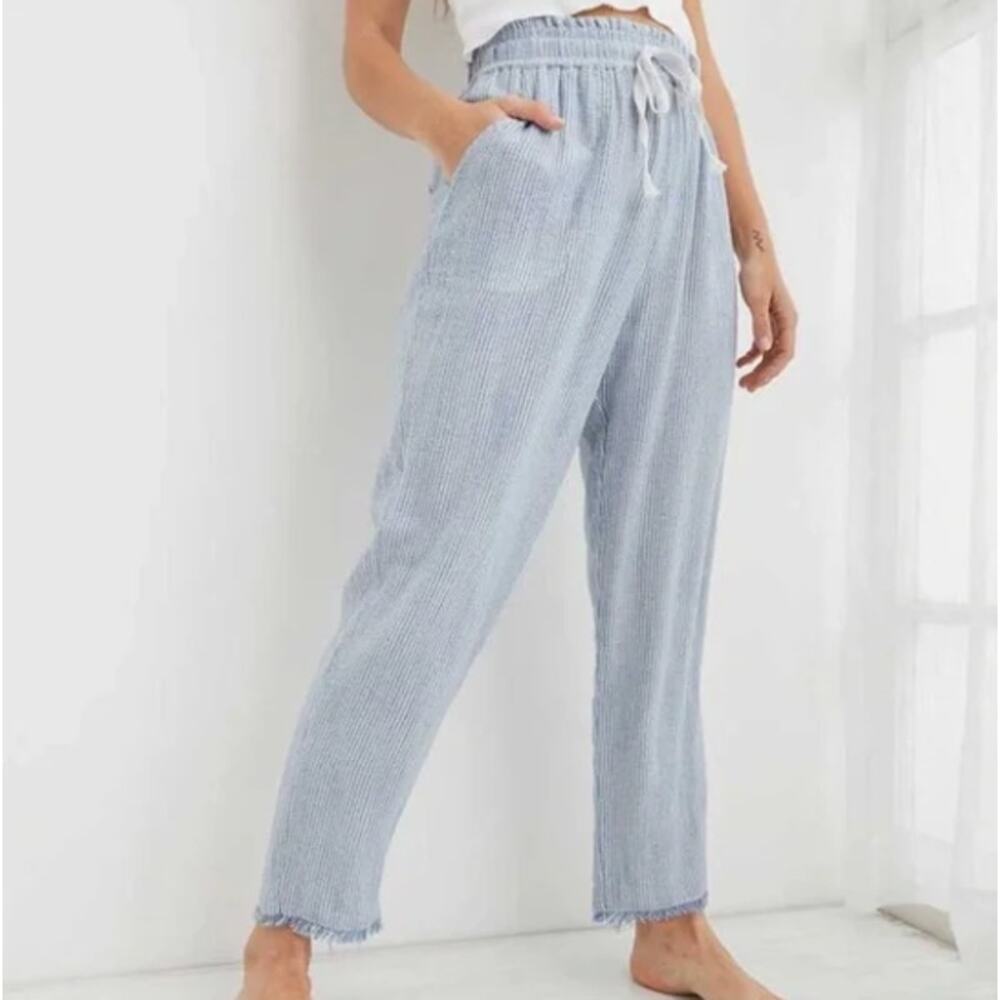 Aerie Real Good Gauze High Waisted Pant Size Small Pinstripe Blue & White - Picture 5 of 13